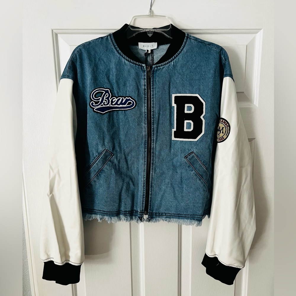 Mable club letterman college Varsity Bomber Faux Leather/Denim jacket NWT